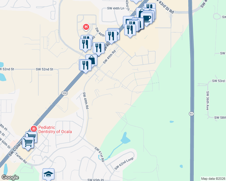 map of restaurants, bars, coffee shops, grocery stores, and more near 4610 Southwest 49th Road in Ocala