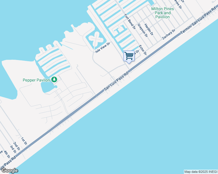 map of restaurants, bars, coffee shops, grocery stores, and more near 22621 Kennedy Drive in Galveston