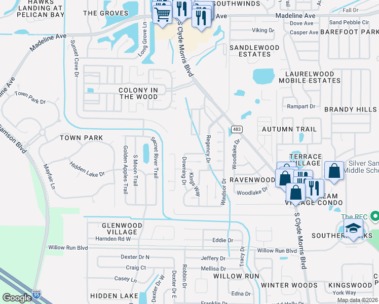 map of restaurants, bars, coffee shops, grocery stores, and more near 12 Downing Drive in Port Orange