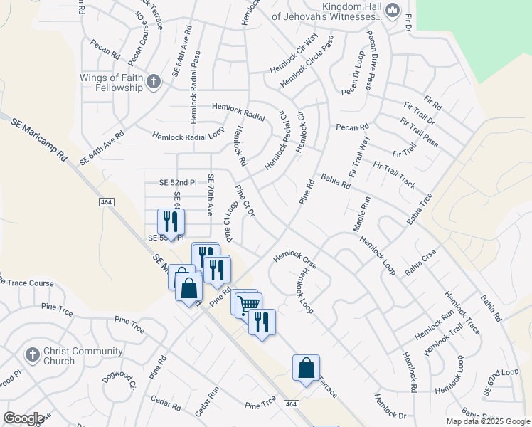 map of restaurants, bars, coffee shops, grocery stores, and more near 6950 Hemlock Road in Ocala