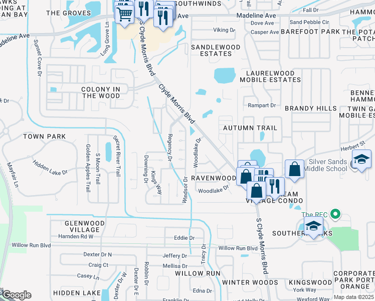 map of restaurants, bars, coffee shops, grocery stores, and more near 185 Windsor Drive in Port Orange