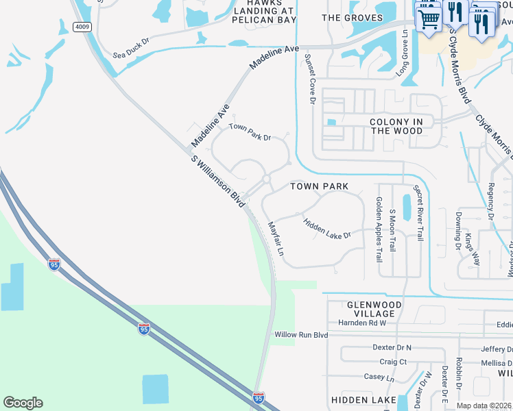 map of restaurants, bars, coffee shops, grocery stores, and more near 4213 Mayfair Lane in Port Orange