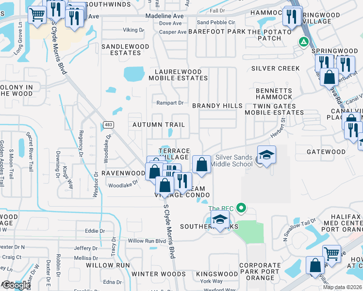map of restaurants, bars, coffee shops, grocery stores, and more near 4585 Terrace Village Drive in Port Orange