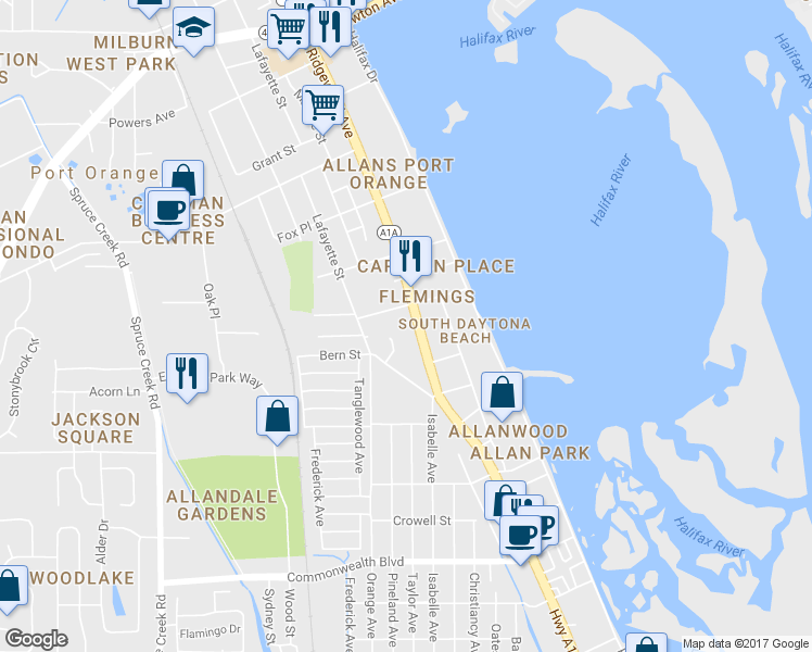 map of restaurants, bars, coffee shops, grocery stores, and more near 5006 South Ridgewood Avenue in Port Orange