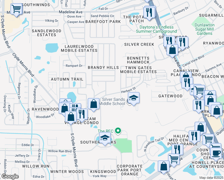 map of restaurants, bars, coffee shops, grocery stores, and more near 1345 Herbert Street in Port Orange