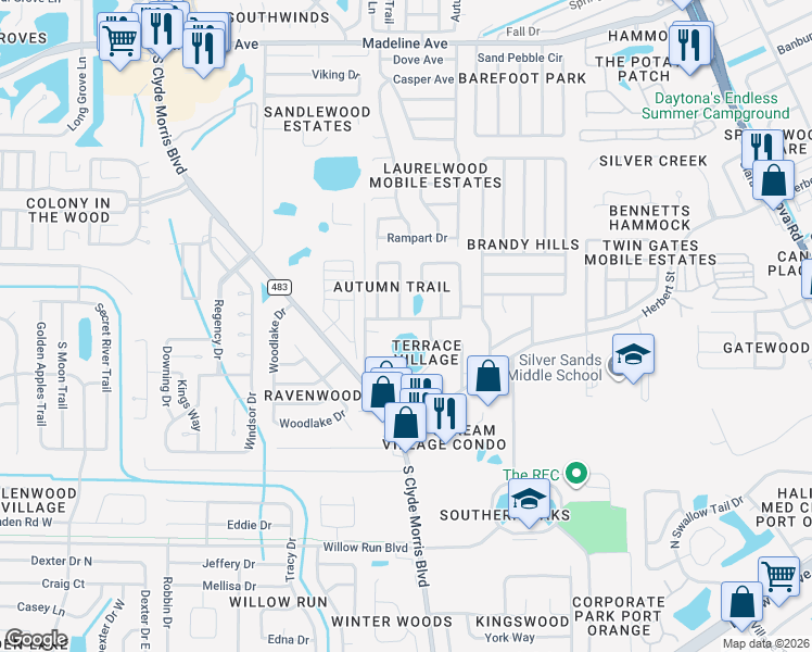map of restaurants, bars, coffee shops, grocery stores, and more near 1402 Tompkins Drive in Port Orange