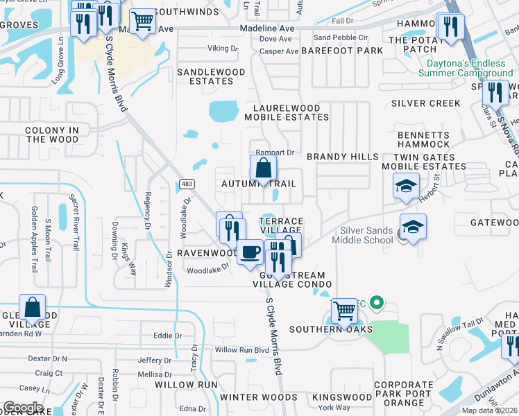 map of restaurants, bars, coffee shops, grocery stores, and more near 1402 Tompkins Drive in Port Orange