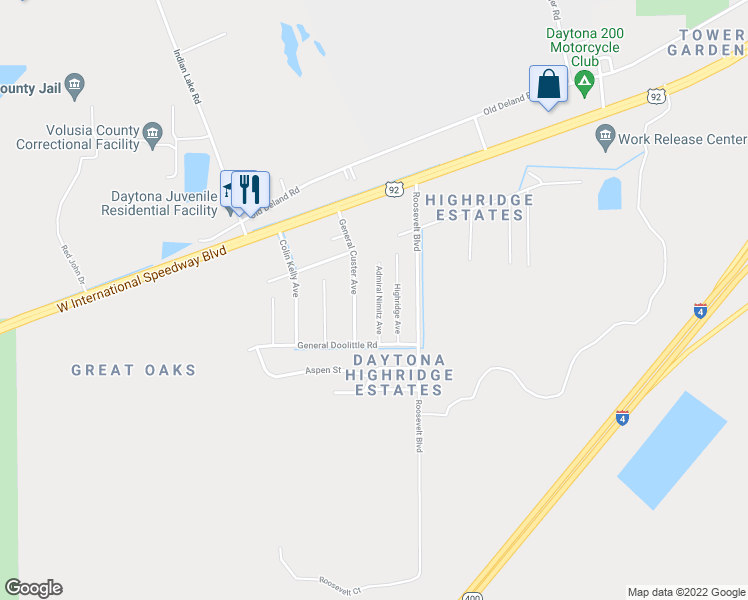 map of restaurants, bars, coffee shops, grocery stores, and more near 1456 Admiral Nimitz Avenue in Daytona Beach