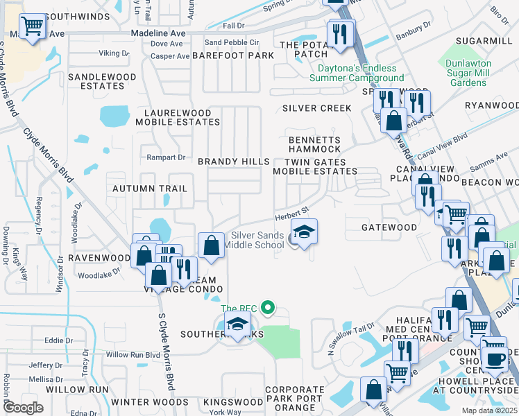 map of restaurants, bars, coffee shops, grocery stores, and more near 1345 Herbert Street in Port Orange