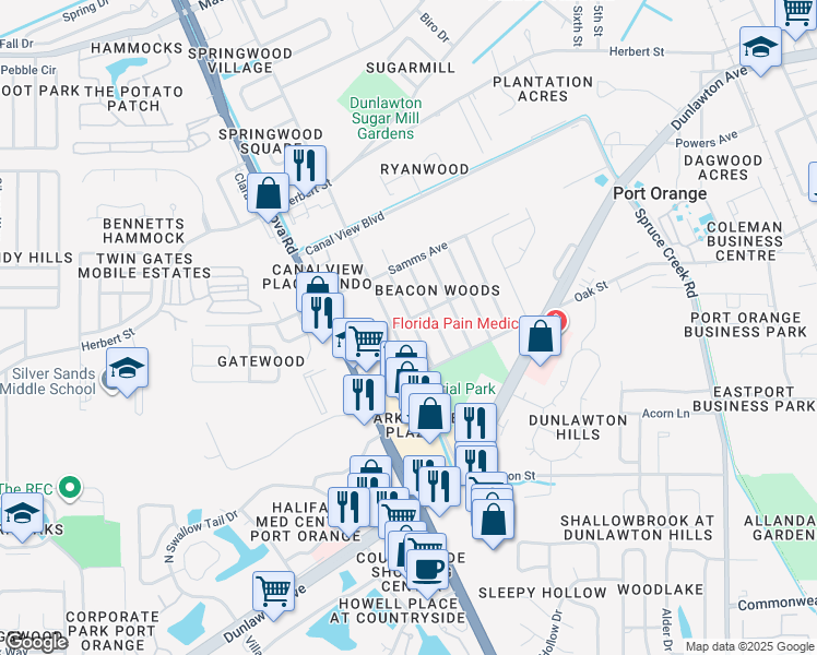 map of restaurants, bars, coffee shops, grocery stores, and more near 3744 Jackson Street in Port Orange