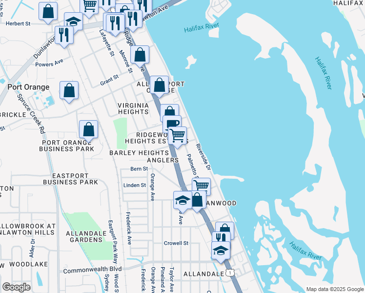 map of restaurants, bars, coffee shops, grocery stores, and more near 115 Fleming Avenue in Port Orange