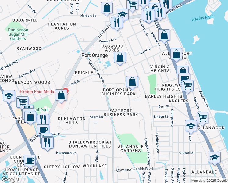 map of restaurants, bars, coffee shops, grocery stores, and more near 798 Glades Court in Port Orange