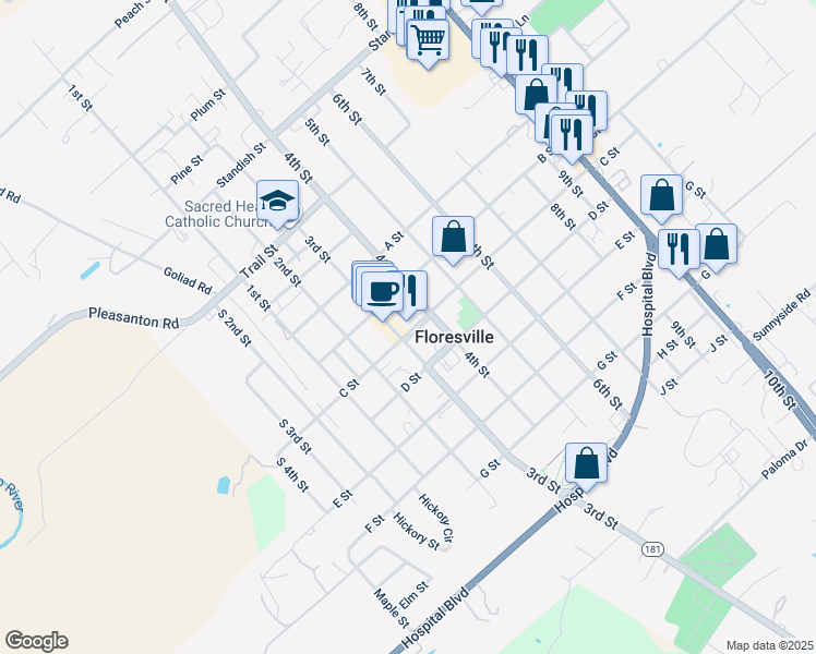 map of restaurants, bars, coffee shops, grocery stores, and more near 1115 C Street in Floresville