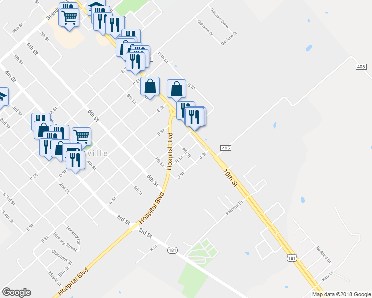 map of restaurants, bars, coffee shops, grocery stores, and more near 1701 H Street in Floresville