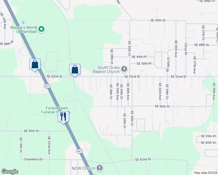 map of restaurants, bars, coffee shops, grocery stores, and more near 5231 Southeast 28th Avenue in Ocala
