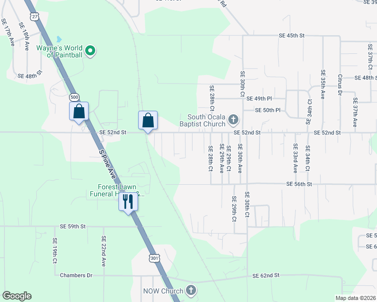 map of restaurants, bars, coffee shops, grocery stores, and more near 5831 Southeast 27th Avenue in Ocala