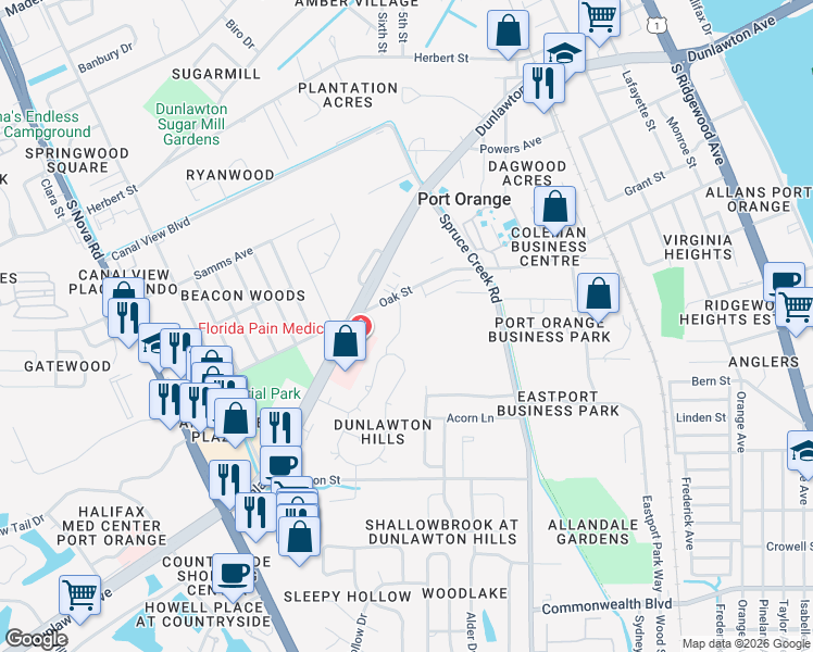 map of restaurants, bars, coffee shops, grocery stores, and more near 4196 New Haven Court in Port Orange