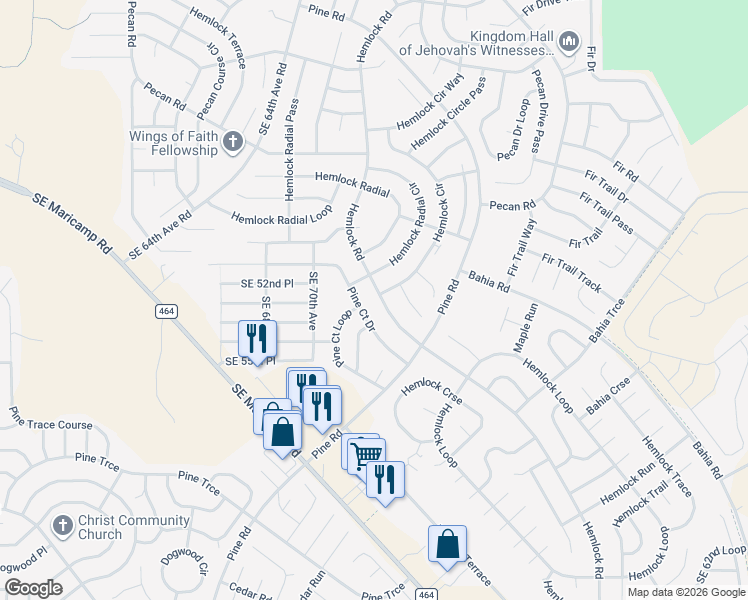 map of restaurants, bars, coffee shops, grocery stores, and more near 6880 Hemlock Road in Ocala