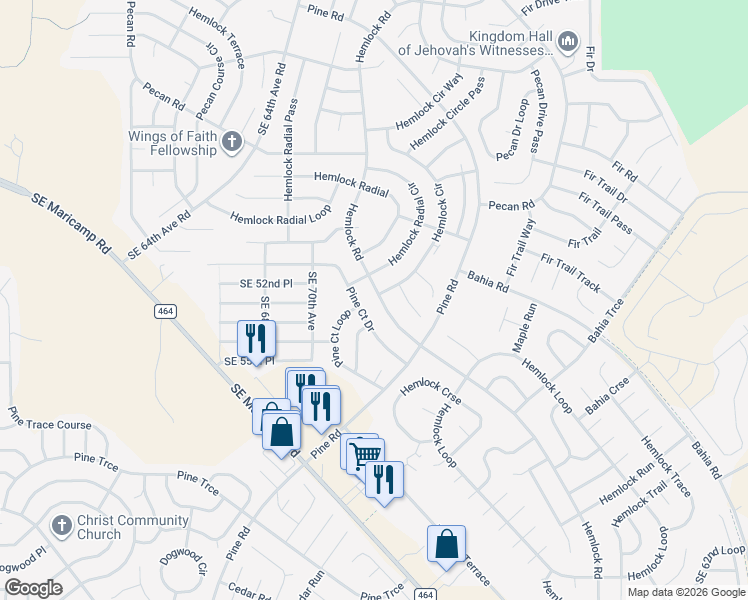 map of restaurants, bars, coffee shops, grocery stores, and more near 6880 Hemlock Road in Ocala