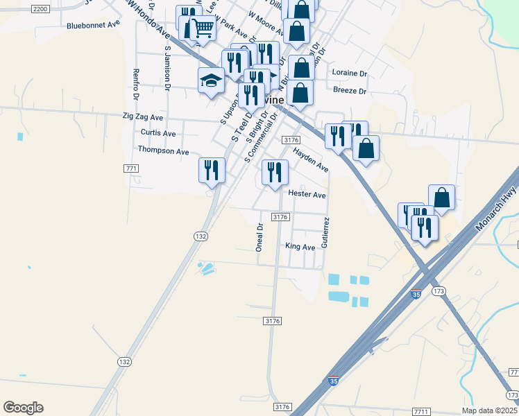 map of restaurants, bars, coffee shops, grocery stores, and more near 321 Webb Avenue in Devine