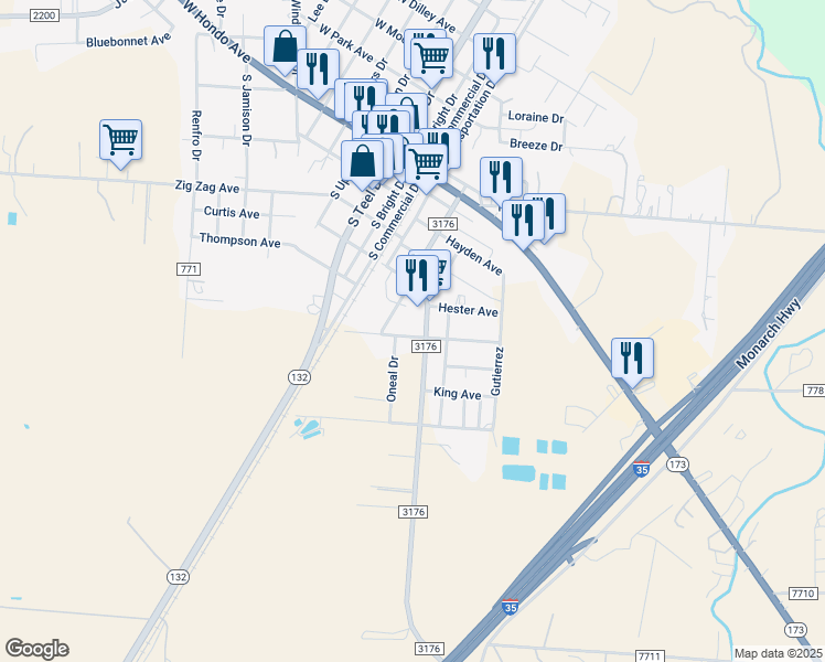 map of restaurants, bars, coffee shops, grocery stores, and more near 321 Webb Avenue in Devine