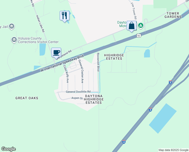 map of restaurants, bars, coffee shops, grocery stores, and more near 1434 Roosevelt Boulevard in Daytona Beach