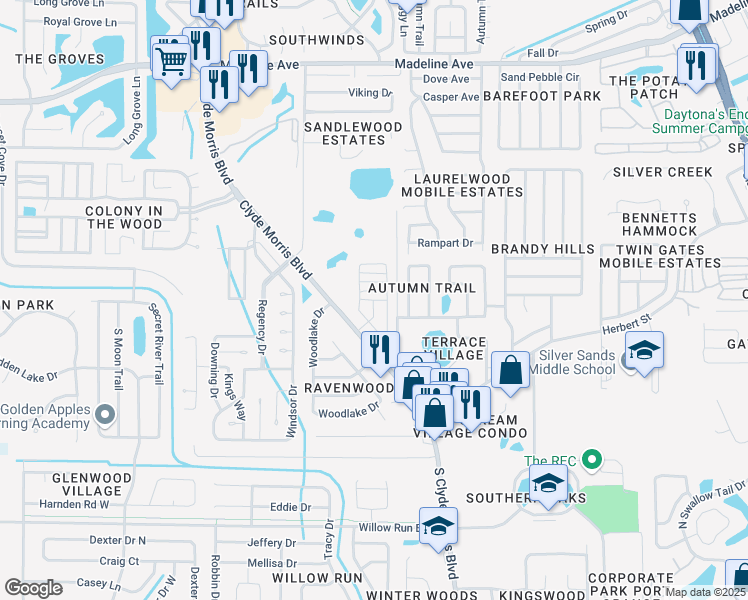 map of restaurants, bars, coffee shops, grocery stores, and more near 4601 South Clyde Morris Boulevard in Port Orange