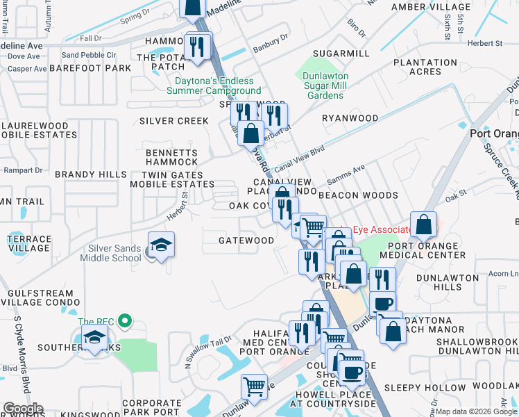 map of restaurants, bars, coffee shops, grocery stores, and more near 3727 Oak Cove Place in Port Orange