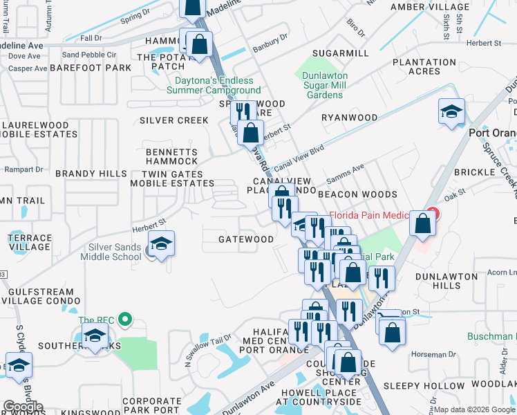 map of restaurants, bars, coffee shops, grocery stores, and more near 3727 Oak Cove Place in Port Orange