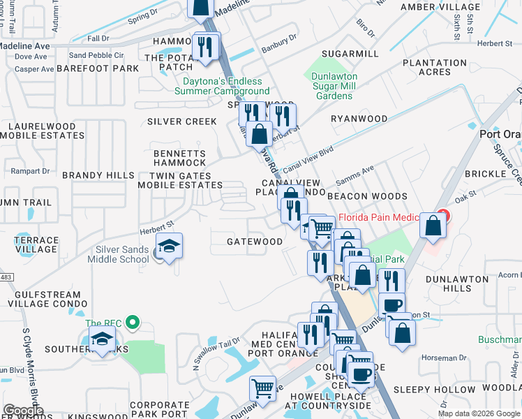 map of restaurants, bars, coffee shops, grocery stores, and more near 3727 Oak Cove Place in Port Orange