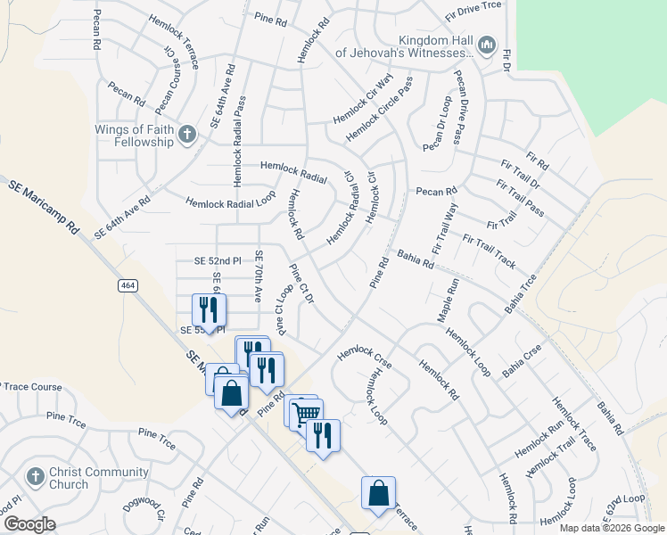 map of restaurants, bars, coffee shops, grocery stores, and more near 2 Hemlock Circle Court in Ocala