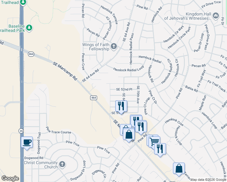 map of restaurants, bars, coffee shops, grocery stores, and more near 6729 Southeast 52nd Place in Ocala