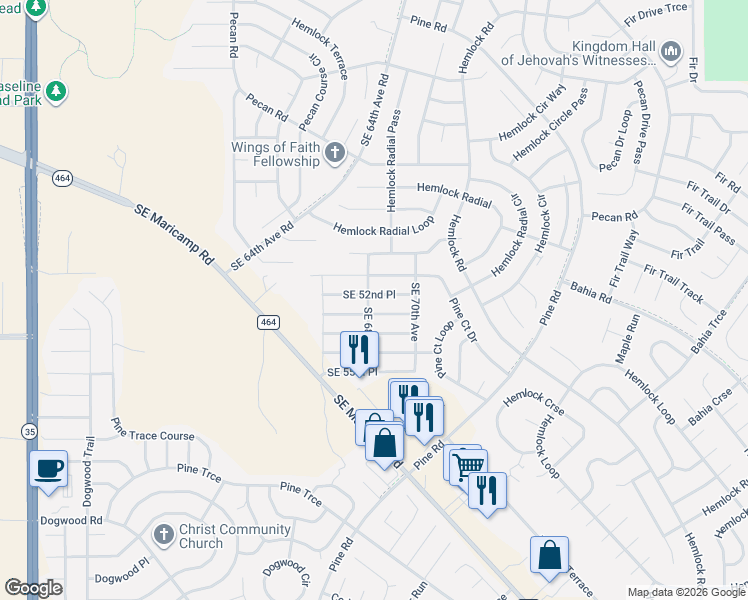 map of restaurants, bars, coffee shops, grocery stores, and more near 6840 Southeast 52nd Place in Ocala