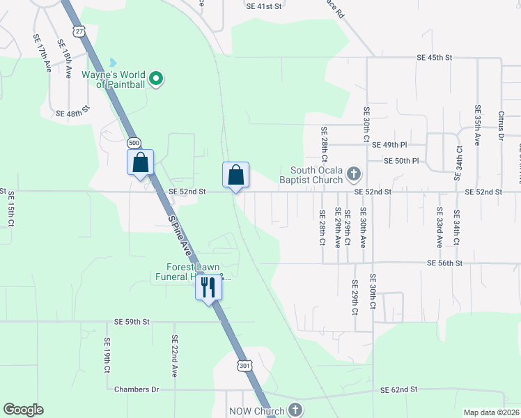 map of restaurants, bars, coffee shops, grocery stores, and more near 5220 Southeast 26th Avenue in Ocala