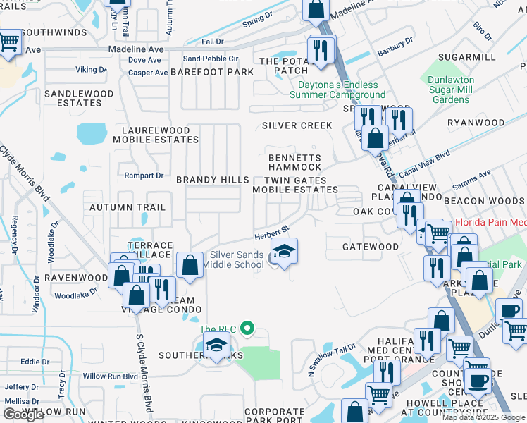 map of restaurants, bars, coffee shops, grocery stores, and more near 99 Stone Gate Lane in Port Orange