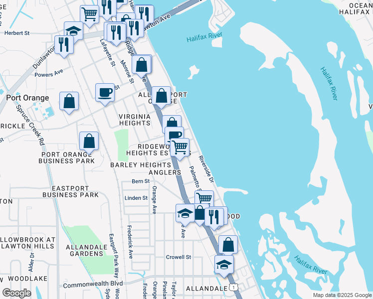 map of restaurants, bars, coffee shops, grocery stores, and more near 115 Fleming Avenue in Port Orange
