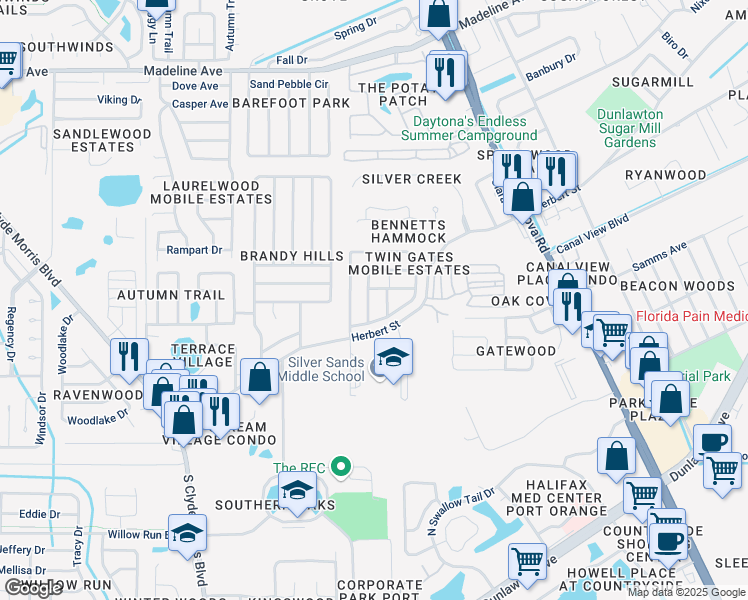map of restaurants, bars, coffee shops, grocery stores, and more near 99 Stone Gate Lane in Port Orange
