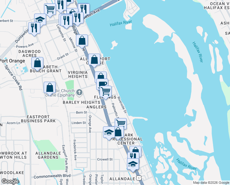 map of restaurants, bars, coffee shops, grocery stores, and more near 101 Fleming Avenue in Port Orange