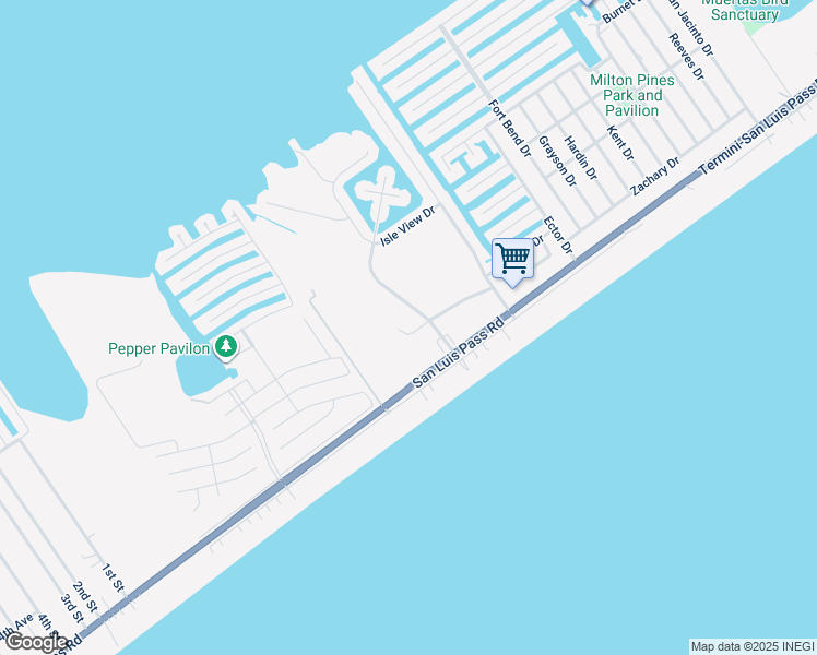 map of restaurants, bars, coffee shops, grocery stores, and more near 22506 Vista Del Mar in Galveston