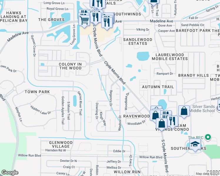 map of restaurants, bars, coffee shops, grocery stores, and more near 77 Regency Drive in Port Orange