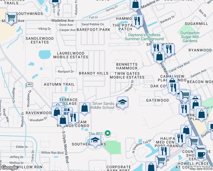 map of restaurants, bars, coffee shops, grocery stores, and more near 59 Brandy Hills Drive in Port Orange