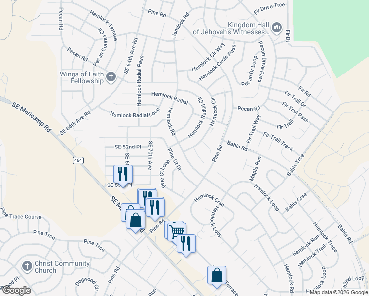 map of restaurants, bars, coffee shops, grocery stores, and more near 2 Hemlock Circle Court in Ocala