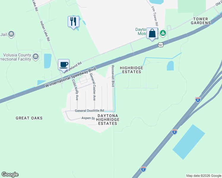 map of restaurants, bars, coffee shops, grocery stores, and more near 1434 Roosevelt Boulevard in Daytona Beach