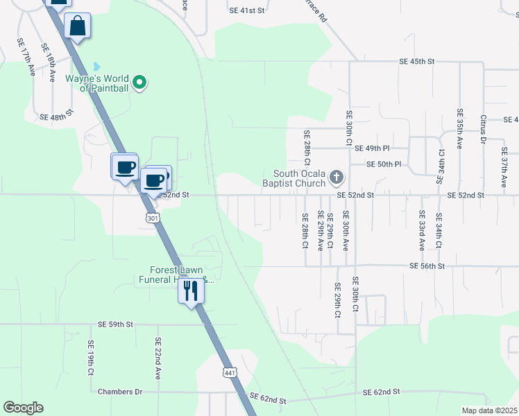 map of restaurants, bars, coffee shops, grocery stores, and more near 5220 Southeast 26th Avenue in Ocala