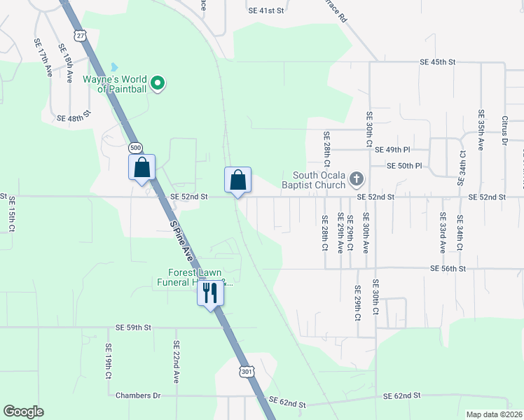map of restaurants, bars, coffee shops, grocery stores, and more near 5220 Southeast 26th Avenue in Ocala