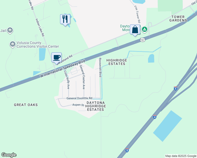 map of restaurants, bars, coffee shops, grocery stores, and more near 1434 Roosevelt Boulevard in Daytona Beach