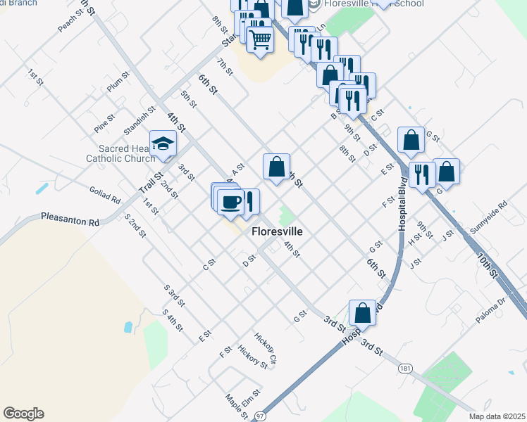 map of restaurants, bars, coffee shops, grocery stores, and more near 1201 C Street in Floresville