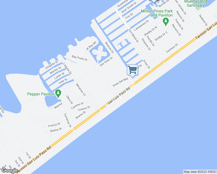 map of restaurants, bars, coffee shops, grocery stores, and more near 22506 Vista Del Mar in Galveston