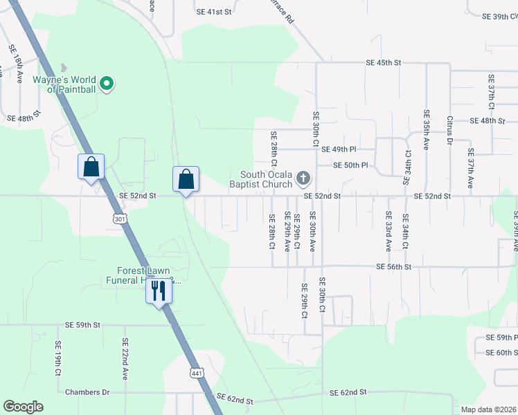 map of restaurants, bars, coffee shops, grocery stores, and more near 5231 Southeast 28th Avenue in Ocala