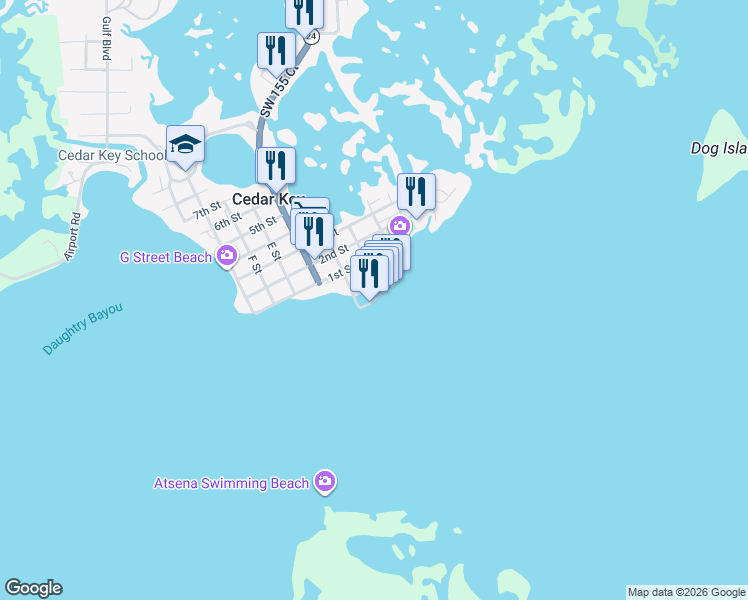 map of restaurants, bars, coffee shops, grocery stores, and more near 390 Dock Street in Cedar Key